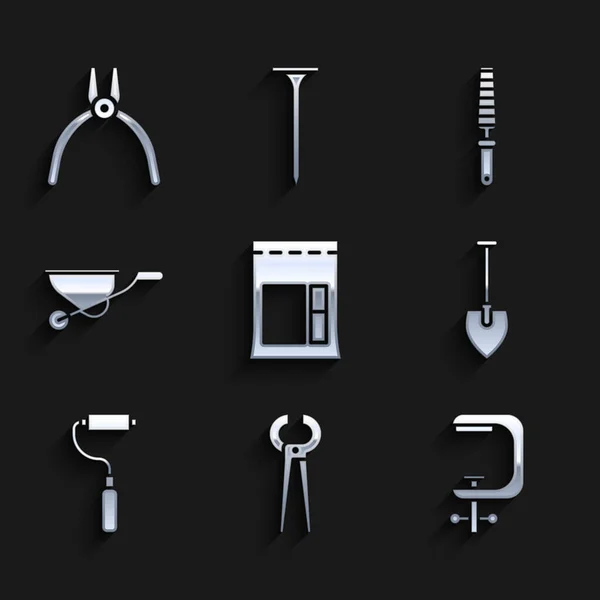 Set Bolsa de cemento, Pinzas y alicates, Herramienta de tornillo de abrazadera, Pala, Pincel de rodillo de pintura, Carretilla de ruedas, Chisel para madera y Alicate icono. Vector — Vector de stock