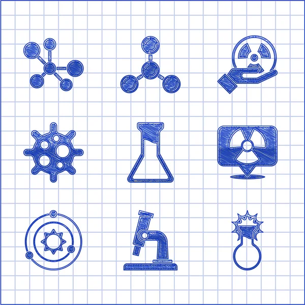 Set Tubo de ensayo y frasco, microscopio, radiactivo en su ubicación, sistema solar, virus e icono de molécula. Vector — Archivo Imágenes Vectoriales