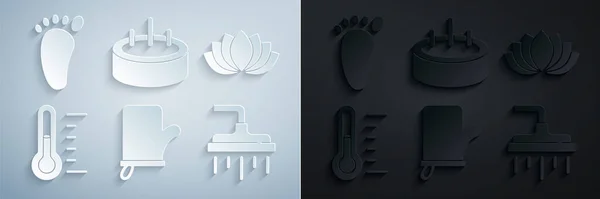 Szauna kesztyű, Lótusz virág, hőmérő, Zuhanyfej, Medence létrával és Lábmasszázs ikon. Vektor — Stock Vector