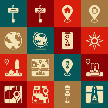 GPS cihazını harita, çeşme, rüzgar gülü, ev, dünya küresi, trafik ışığı ve şehir yön bulma ikonu ile ayarla. Vektör