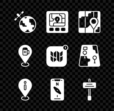 Gezegen yörüngesindeki uyduları, haritalı GPS cihazını, şehir navigasyonunu, konum bilgisini, pusula mobil, trafik işaretini, alkollü bira barını ve şehir simgesinin bilgilerini ayarla. Vektör