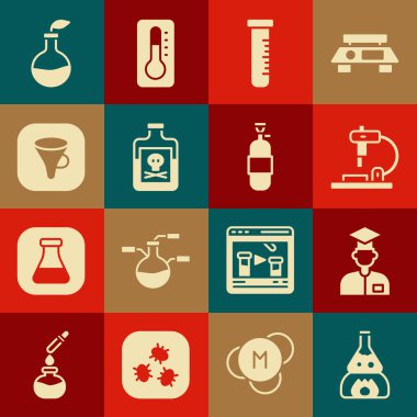 Test tüpünü ateşe verin, laboratuvar asistanı, mikroskop ve şişedeki zehir, huni filtresi, bitki yetiştirme ve propan gaz tankı ikonu. Vektör