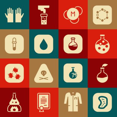Bakteri, bitki yetiştirme, tüp ve matara, molekül, su damlası, Pipette, tıbbi lastik eldiven ve ikon. Vektör