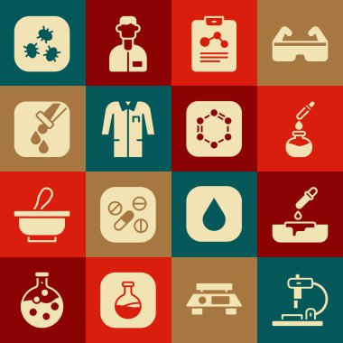 Mikroskop, pipetli Petri kabı, deney tüpü ve matarası, kimya raporu, laboratuvar üniforması, bakteri ve benzen yüzük ikonu formülü. Vektör