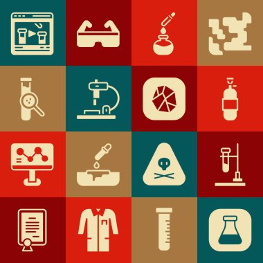 Test tüpü ve matarayı ateşe verin, Propan gazı deposu, mikroskop, Kimyasal ve Tuz taşı simgesini çevrimiçi yapın. Vektör
