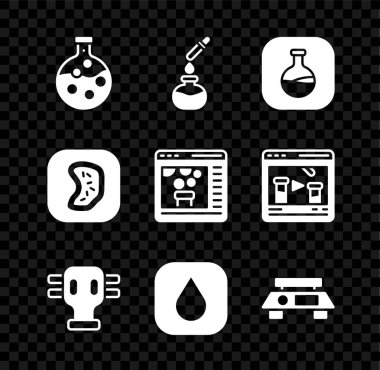 Test tüpünü ve matarayı, gaz maskesini, su damlasını, elektronik teraziyi, bakteri ve kimyasal ikonu çevrimiçi olarak ayarla. Vektör