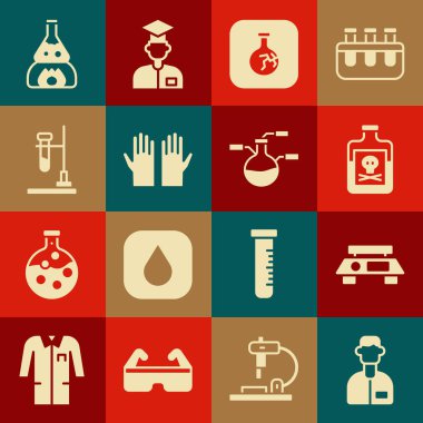 Laboratuvar asistanı, Elektronik ölçekler, şişedeki zehir, çatlak şişe, tıbbi lastik eldivenler, test tüpü ateşi ve ikon. Vektör