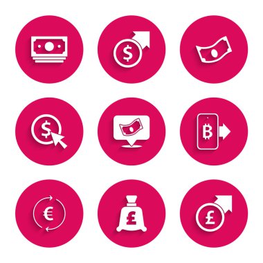 Stacks kağıt para, sterlinli madeni para, finansal büyüme ve cep telefonu, avro sembolü, dolar ve ikon bitcoin madenciliği. Vektör