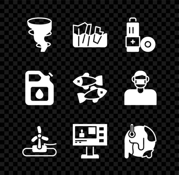 Set Tornado, Gletscherschmelze, Batterie, Windturbine, Fernsehbericht, Globale Erwärmung, Kanister für Benzin und Tote Fische Symbol. Vektor — Stockvektor