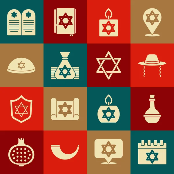 Sätt judisk kalender, vinflaska, ortodox judisk hatt, brinnande ljus, pengaväska, kippah, gravsten med stjärna av David och Star David ikonen. Vektor — Stock vektor
