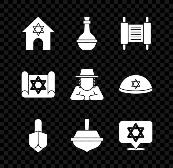 Set jüdische Synagoge, Weinflasche, Torarolle, Chanukka dreidel, Davidstern und orthodoxe jüdische Hutsymbole. Vektor — Stockvektor