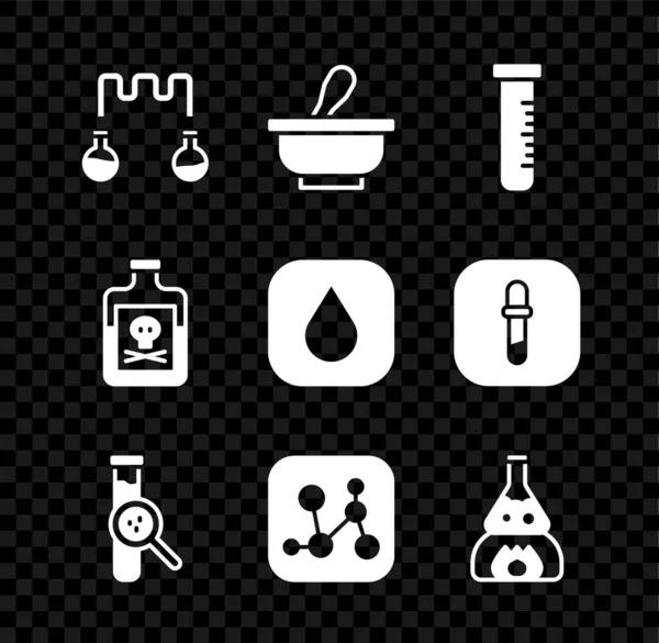 Tesztcső és flaska beállítása, mozsártörő, kémiai képlet, tűz, méreg üvegben és vízcsepp ikon. Vektor — Stock Vector