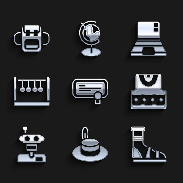 Set Certificaat sjabloon, Man hoed, Slippers met sokken, Taille, Robot, Pendulum, Laptop en School rugzak pictogram. Vector — Stockvector