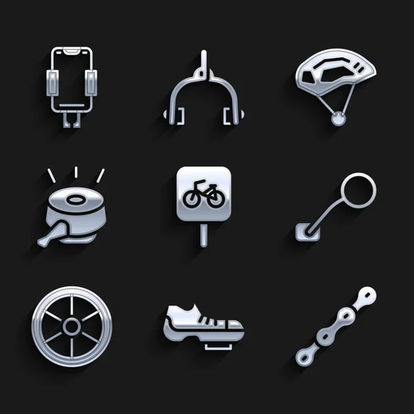 Set Fietsenstalling, schoenen, ketting, achteruitkijkspiegel, wiel, bel, helm en mobiele houder icoon. Vector — Stockvector