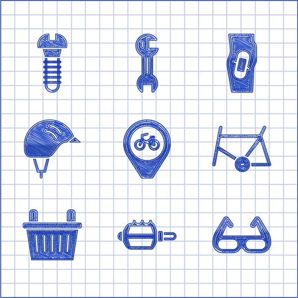 Set Plats med cykel, Cykel pedal, Sport cykling solglasögon, ram, korg, hjälm, Gips ben och metallic skruv ikon. Vektor — Stock vektor