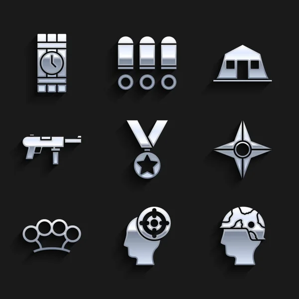 Set Military reward medal, Target sport, Army soldier, Japanese ninja shuriken, Brass knuckles, Submachine gun M3, barracks and Dynamite and timer clock icon. Vector — Stock Vector