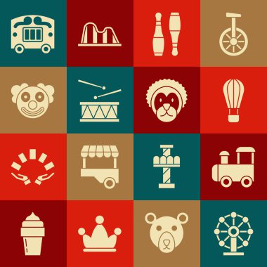 Dönme dolap, oyuncak tren, sıcak hava balonu, bovling pimi, bagetli davul, palyaço kafası, sirk arabası ve vahşi aslan ikonu. Vektör