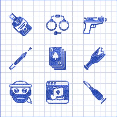 Oyun kartları, internet korsanlığı, kurşun, kırık şişe silah, haydut, esrar, tabanca ya da silah ve viski ikonu. Vektör