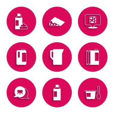 Süt sürahisi ya da sürahi, şişede krema, kaşıkla yoğurt kabı kefir, Udder, Plastik, Peynir ve ikon için kağıt paketi. Vektör