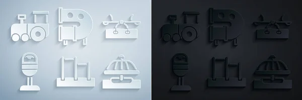 Horizontal bar, Seesaw, Trash can, Attraction carousel, Kid playfield slide pipe, Toy train icon. Vector — 스톡 벡터