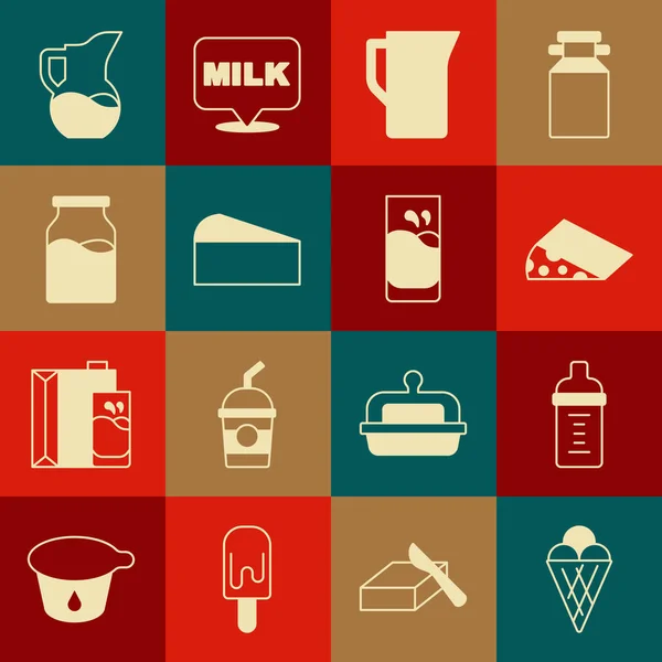 Set Ice cream in waffle cone, Baby milk bottle, Cheese, Milk jug or pitcher, Bottle with, and Glass icon. Vektor Stok Vektor