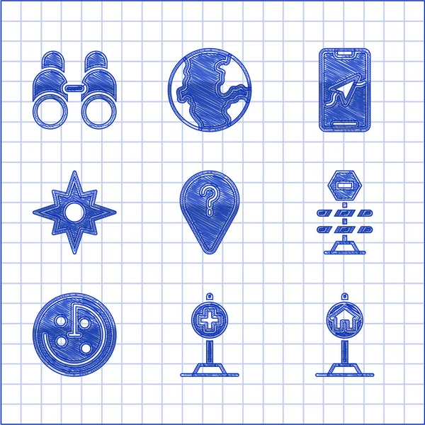 Imposta punto di percorso sconosciuto, posizione con ospedale incrociato, cartello dell'hotel per il traffico, barriera stradale, monitor radar, rosa dei venti, navigazione sulla mappa della città e icona binocolo. Vettore — Vettoriale Stock