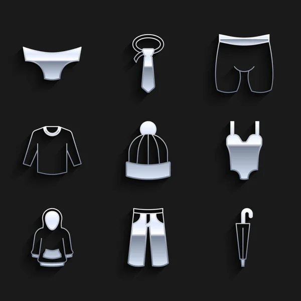 Winter hat, Pants, Umbrella, Swimsuit, Hoodie, Sweater, cyrical shorts and Men underpants icon. Vector — 스톡 벡터