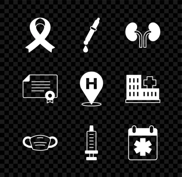 Set Awareness Bändchen, Pipette, menschliche Nieren, medizinische Schutzmaske, Spritze, Arzttermin, Zertifikatsvorlage und Standort Krankenhaus Symbol. Vektor — Stockvektor