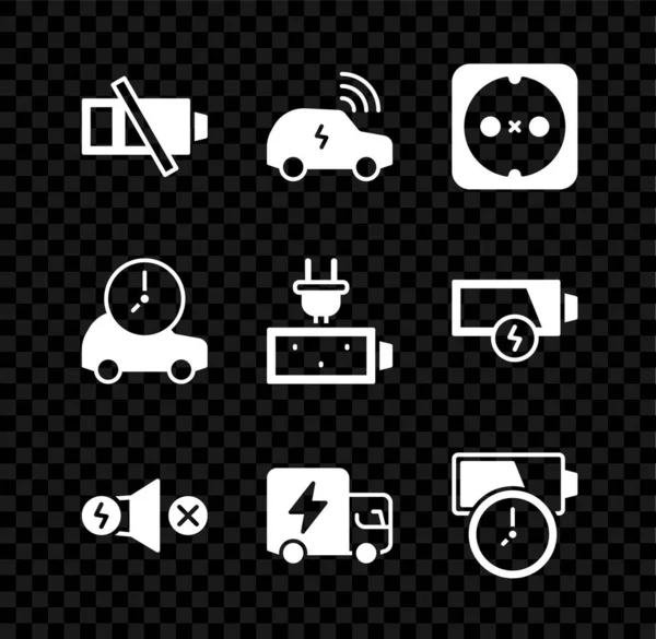 Set Nedostatek baterie, Inteligentní auto systém, Elektrické zásuvky, motor, nákladní automobil, Baterie nabíjení, a ikona. Vektor — Stockový vektor