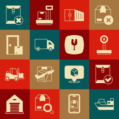 Kargo gemisini kutu teslimatı, zarf ve işaret, ölçek, konteyner, teslimat kamyonu, ev hizmetleri, zarf silme ve kırık cam simgesi ile ayarlayın. Vektör
