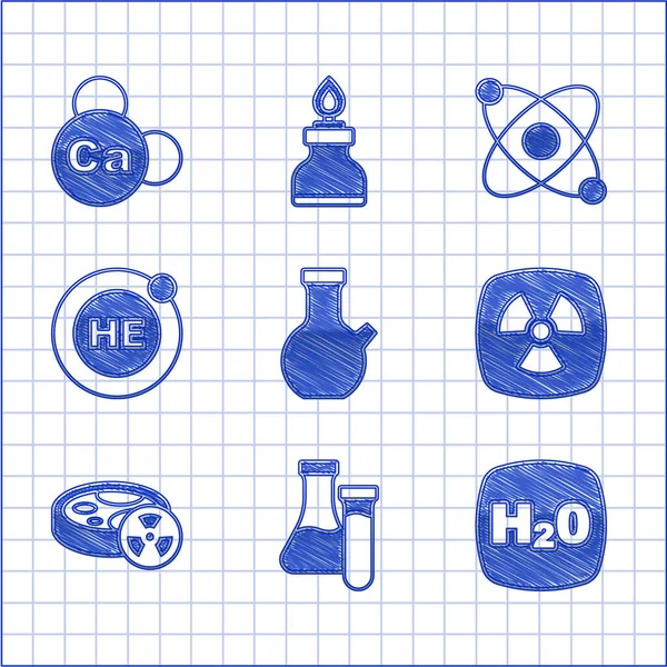 Set Reagenzglas, chemische Formel H2O, radioaktiv, mit giftiger Flüssigkeit, Helium, Atom und Mineral Ca Calcium Symbol. Vektor — Stockvektor
