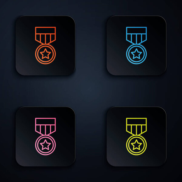 Color neon line Military reward medal icon isolated on black background. Army sign. Set icons in square buttons. Vector