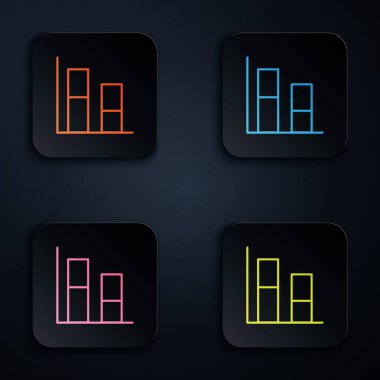 Renkli neon çizgi grafiği, çizelge, grafik, diyagram, bilgi grafiği, turta grafik simgesi siyah arkaplanda izole edildi. Kare düğmelere simgeleri yerleştir. Vektör