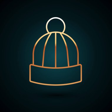 Altın çizgili kış şapkası simgesi koyu mavi arka planda izole edildi. Vektör