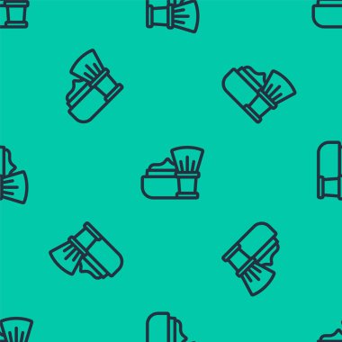 Mavi çizgi, köpük simgesiyle tıraş fırçası yeşil arka planda izole edilmiş pürüzsüz desen. Berber dükkanı sembolü. Vektör