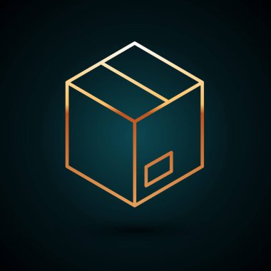 Altın çizgili karton kutu simgesi koyu mavi arka planda izole edilmiş. Kutu, paket, paket işareti. Teslimat ve ambalaj. Vektör
