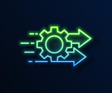 Parlayan neon hattı Zaman Yönetimi simgesi mavi arkaplanda izole edildi. Saat ve vites tabelası. Üretkenlik sembolü. Vektör