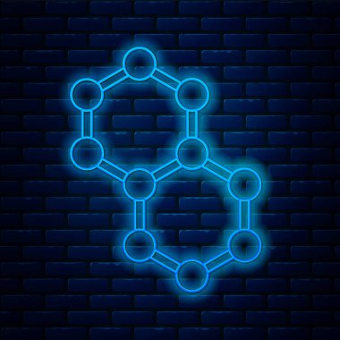 Parlayan neon hattı molekül simgesi tuğla duvar arka planında izole edildi. Kimya moleküllerinin yapısı, fen öğretmenlerinin yenilikçi eğitim posteri. Vektör