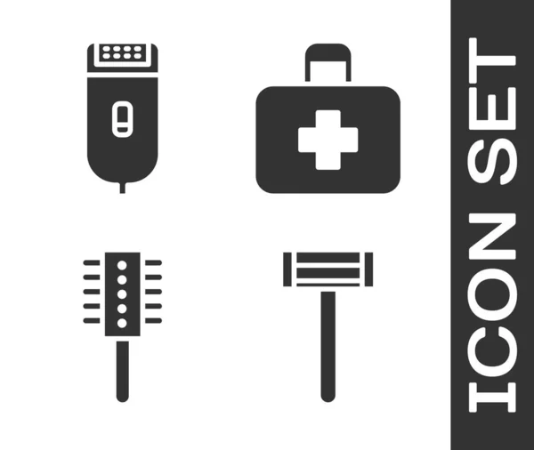 设置剃须刀、电动剪子或剃须刀、刷子和急救箱图标。B.病媒 — 图库矢量图片