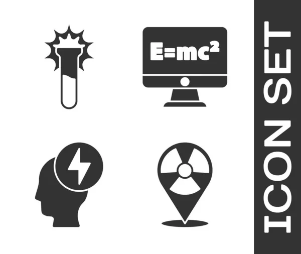 Definir Radioactive na localização, tubo de ensaio e frasco, cabeça e símbolo elétrico e ícone solução Equação. Vetor —  Vetores de Stock