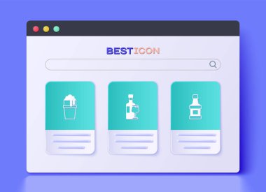 Şarap şişesini bardakla, bir bardak bira ve viski ikonuyla hazırla. Vektör