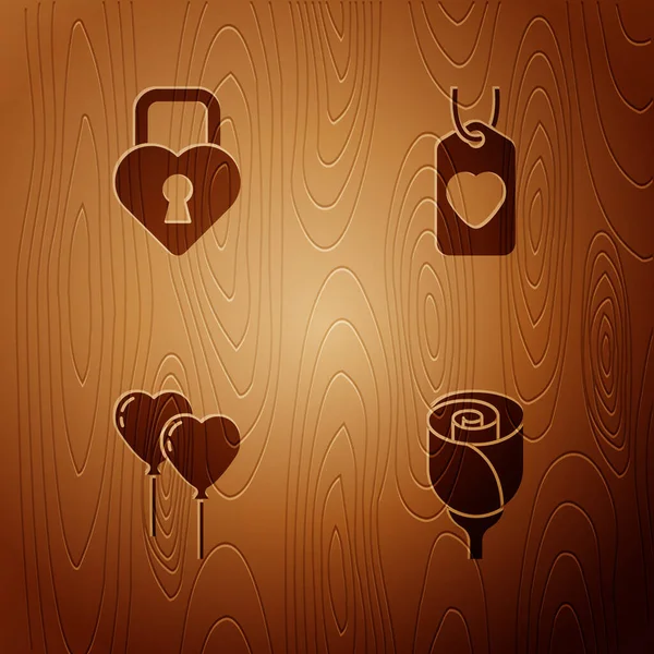 Комплект "Цветочная роза", замок в форме сердца, форма бабочек и бирка "Сердце" на деревянном фоне. Вектор — стоковый вектор