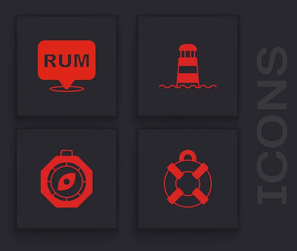 Set Lifebuoy, Alcohol drink Rum, Lighthouse and Compass icon. Vector — Stock Vector
