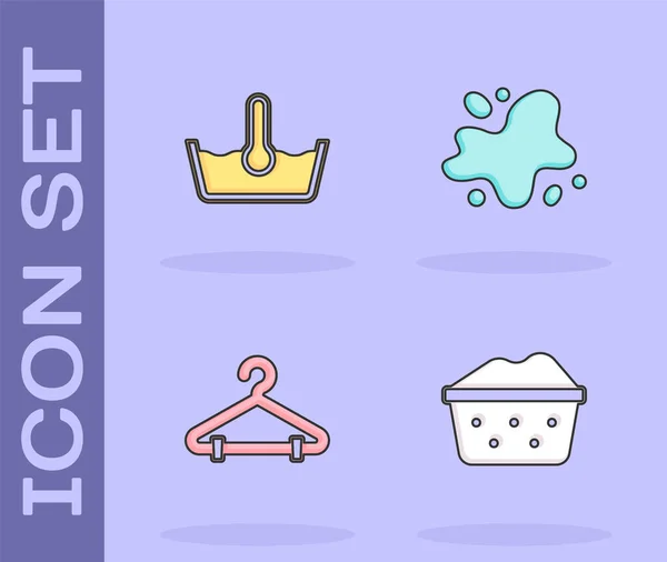 Set Basin with soap suds, Temperature wash, Hanger wardrobe and Water spill icon. Vector — Stock Vector