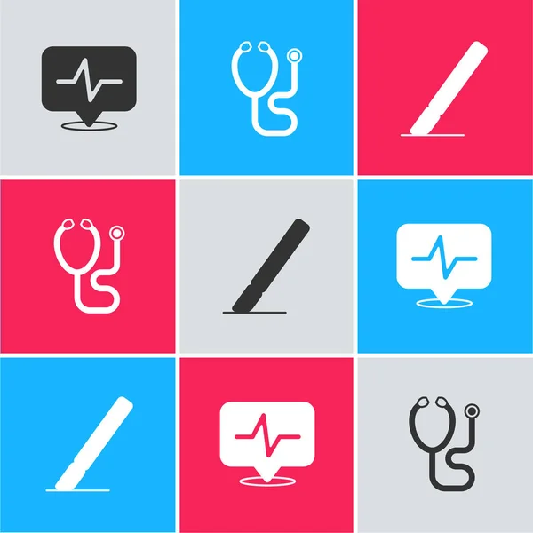 Ustaw tętno, stetoskop i ikonę skalpela chirurgicznego. Wektor — Wektor stockowy