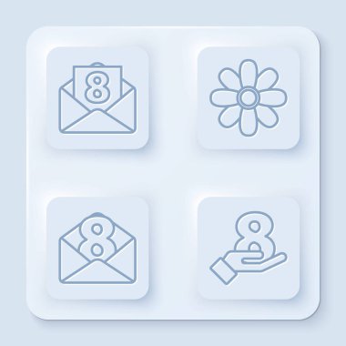 Zarfı 8 Mart, Çiçek, Zarfı 8 Mart ve 8 Mart tarihlerinde hazırla. Beyaz kare düğme. Vektör