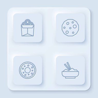 Erişteyi kutuya, kurabiyeye, çöreğe, çöreğe ve pilava koy. Beyaz kare düğme. Vektör