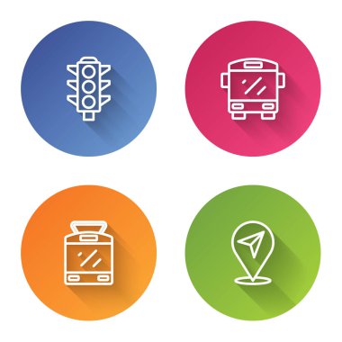 Trafik ışığını, otobüsü, tramvayı, tren yolunu ve konumu ayarlayın. Renkli daire düğmesi. Vektör