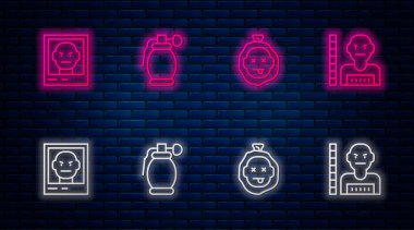 Hat el bombası, cinayet, aranıyor afişi ve şüpheli suçlu. Tuğla duvarda parlayan neon simgesi. Vektör