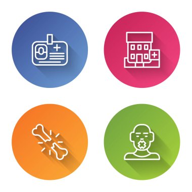 Set line Identification badge, Medical hospital building, Human broken bone and Head of deaf and dumb. Color circle button. Vector